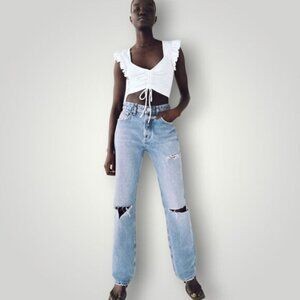 Zara Ruffled Sweetheart Drawstring White Crop Top